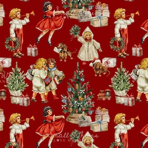 Puede incluir: Patrón repetitivo sobre fondo rojo con ilustraciones navideñas vintage. El diseño incluye niños, perros salchicha, árboles de Navidad, regalos envueltos y elementos decorativos. El tema general es festivo y nostálgico.