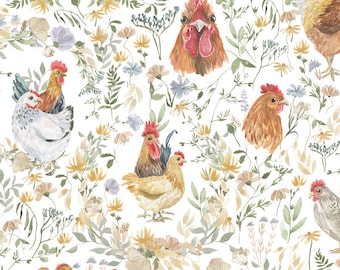 Tissu poules et coqs, Tissu en coton, Popeline de coton 100% biologique, Tissu pour enfants