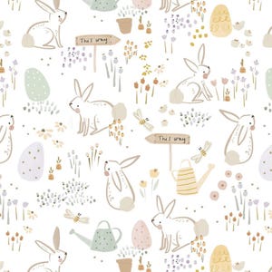 Puede incluir: Un patrón sin costuras con conejos blancos, huevos pastel, regaderas y flores sobre un fondo blanco. El patrón incluye el texto "This way" en un letrero de madera.