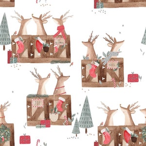 Puede incluir: Un patrón sin costuras con fondo blanco con ilustraciones de renos en cajas de madera. Las cajas tienen letreros que dicen "Joy", "Noel" y "25 de diciembre". También hay ilustraciones de árboles de Navidad, bastones de caramelo y regalos.