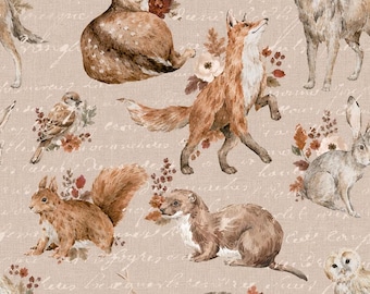 Forest animal fabric, organic cotton autumn fabric