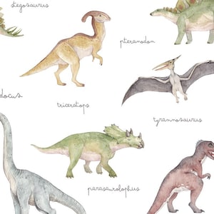 Puede incluir: Ilustración en acuarela de varios dinosaurios, incluyendo Estegosaurio y Tiranosaurio, sobre un fondo blanco. Cada dinosaurio está etiquetado con su nombre en escritura cursiva. Los dinosaurios son de color verde, marrón y gris.