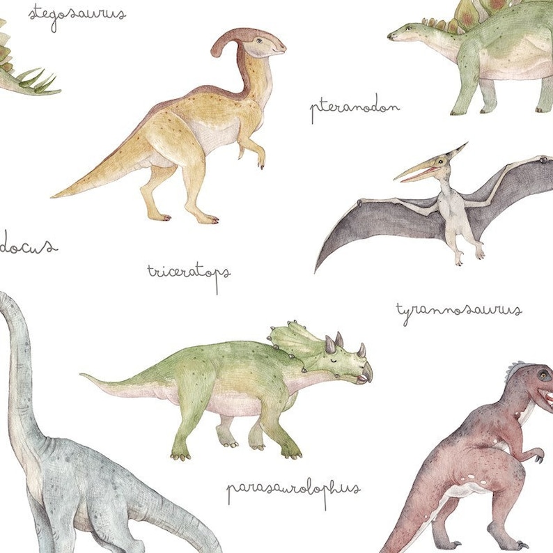 May include: Watercolor illustration of various dinosaurs, including Stegosaurus, Parasaurolophus, and Tyrannosaurus, on a white background. Each dinosaur is labeled with its name in cursive script. The dinosaurs are in shades of green, brown, and gray.