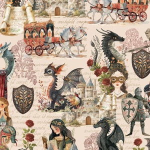 Puede incluir: Un patrón caprichoso con dragones, castillos y figuras medievales. El diseño incluye ilustraciones de caballeros, escudos y carruajes tirados por caballos, todo sobre un fondo de escritura descolorida y elementos florales. La paleta de colores es suave, con tonos apagados.
