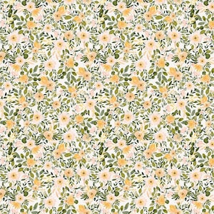 Puede incluir: Patrón repetitivo de flores de acuarela en tonos amarillos y melocotón, intercaladas con hojas verdes, sobre un fondo blanco. El diseño floral es denso y detallado, creando una estética delicada y femenina.