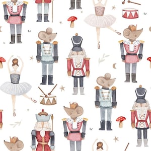 Puede incluir: Un patrón sin costuras con ilustraciones de acuarela de soldados cascanueces, ratones, bailarinas e instrumentos musicales. El diseño está sobre un fondo blanco e incluye elementos como estrellas, setas y hojas.