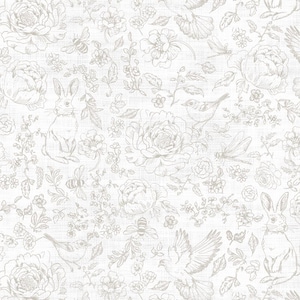 May include: A white background with a repeating pattern of grey line drawings of flowers, birds, butterflies, and rabbits. The pattern is delicate and whimsical.
