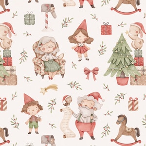 Puede incluir: Una ilustración de acuarela con una variedad de personajes y objetos navideños, incluyendo Papá Noel, una niña elfo, una abuela elfo, un caballo de balancín, un árbol de Navidad y un buzón. La ilustración está sobre un fondo blanco con hojas verdes y lazos rojos.