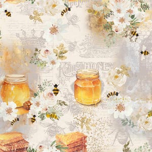 Può includere: Uno schema di ispirazione vintage con barattoli di miele, api e fiori bianchi su uno sfondo beige chiaro. Il testo "Kalinga Honey" è stampato in un carattere decorativo.