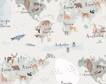 Grey world map fabric, children's fabrics, cotton fabric, 100% organic cotton poplin