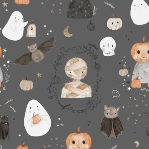 Puede incluir: Un patrón sin costuras que presenta varios personajes y objetos de Halloween sobre un fondo gris oscuro. El patrón incluye fantasmas, murciélagos, calabazas, una momie, una calavera y estrellas.