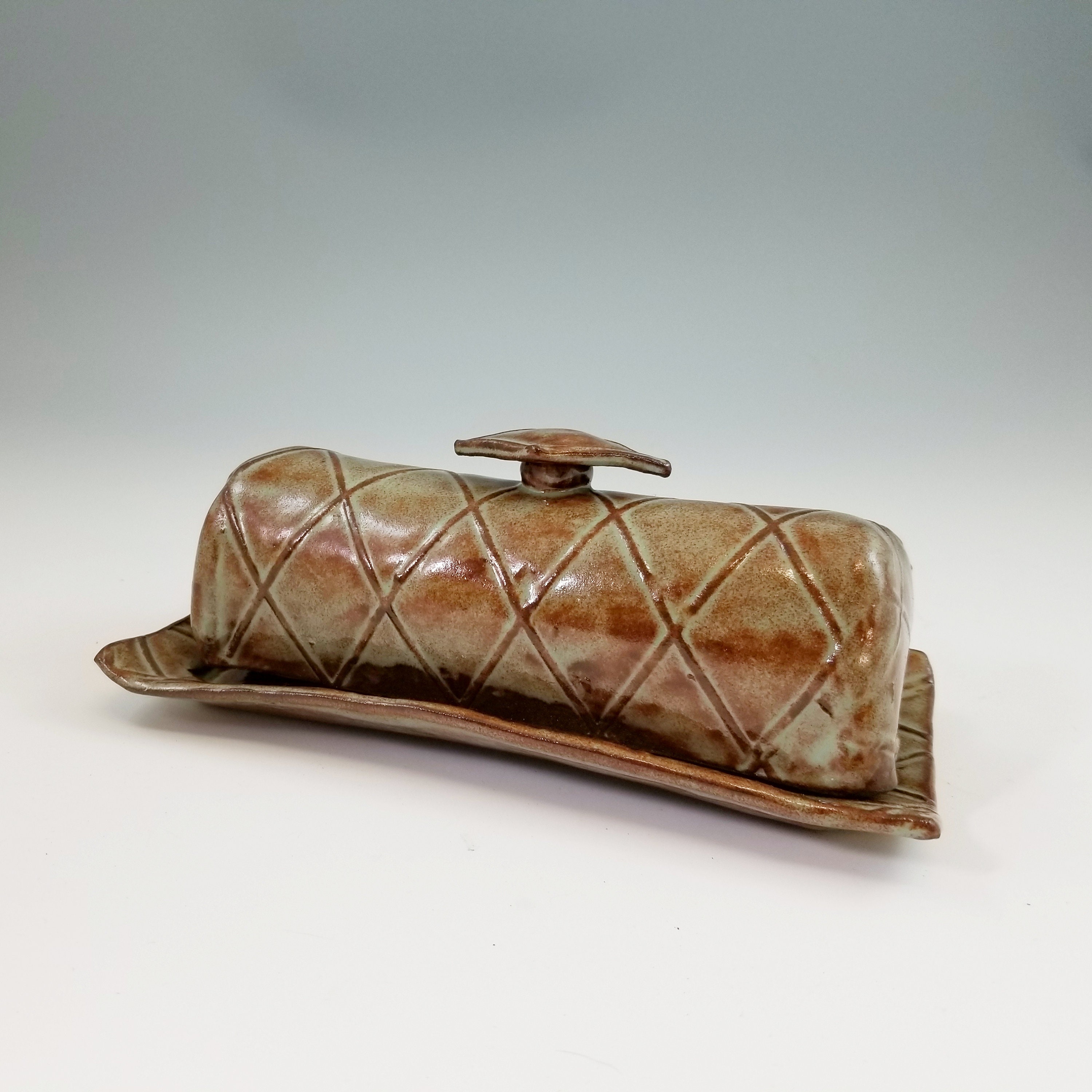 Green & Brown Ceramic butter dish,green pottery butter dish,lidded