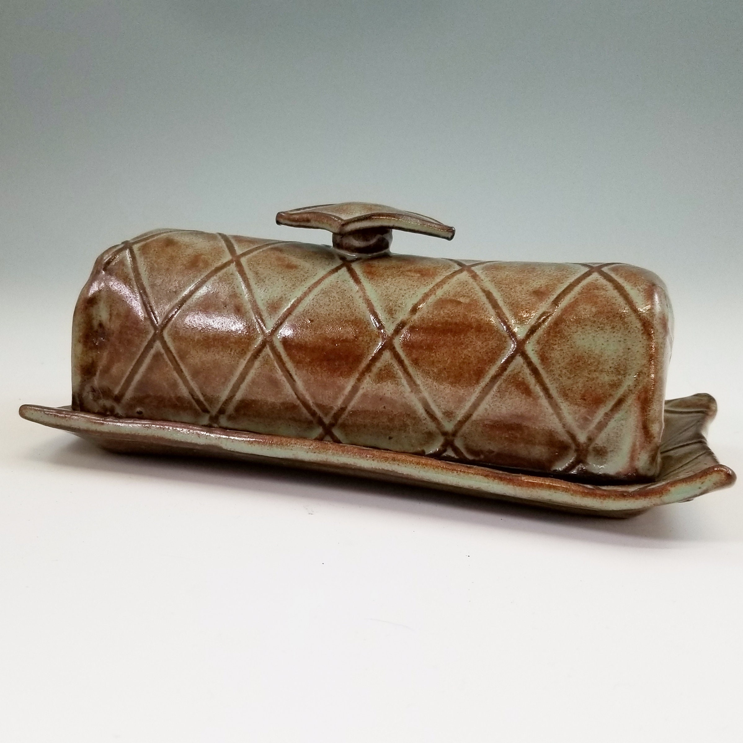 Green & Brown Ceramic butter dish,green pottery butter dish,lidded