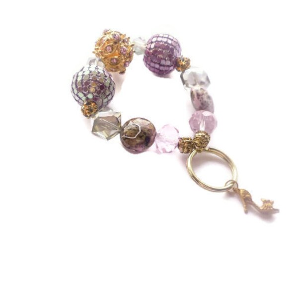 Keychain Bracelet Pink and Gold Glass Beads with High Heel Charm