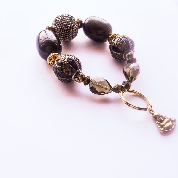 Keychain Bracelet Brown and Gold Glass Beads with Buddah Charm