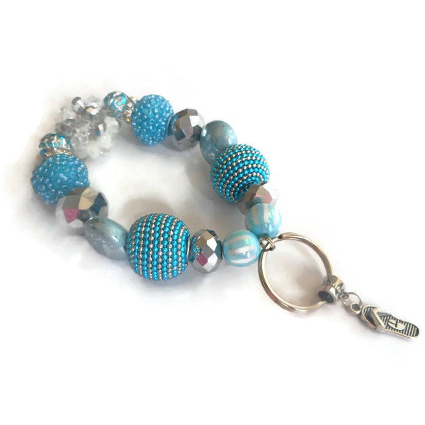 Beaded Flip-Flop Charm Keyring - Keychain Stretch Bracelet Key Fob in Blue & Silver Summer Beach Theme Accessory