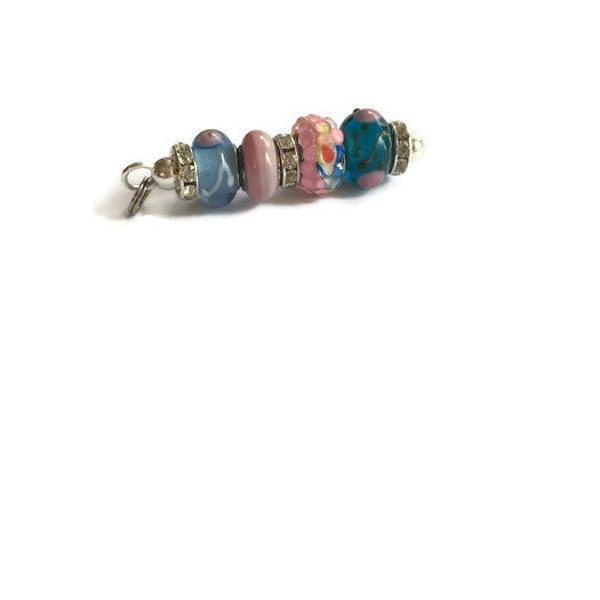 Pink and Blue Glass Beaded Zipper Pulls, Purse Charm