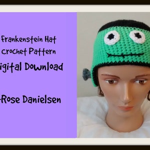 May include: A green and black crochet hat with a Frankenstein face. The hat has two small green and black ears. The text on the image reads "Frankenstein Hat crochet pattern Digital Download -Rose Danielsen".