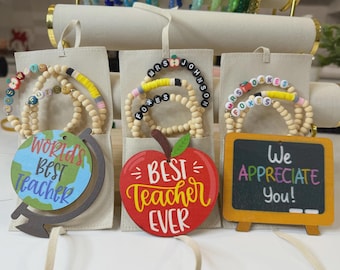 SET PERSONALIZZATO, Braccialetto in legno per insegnanti, Braccialetto per insegnanti per il ritorno a scuola, Regalo per insegnanti, Regalo di ringraziamento per insegnanti, Braccialetto a forma di matita, Mascotte