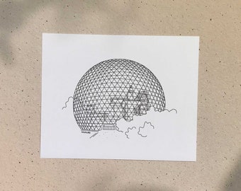 Biosphere / 5x7 or 8x10in / Illustration printed on recycled cardboard / Darvee's Montreal Icons / B+W Unisex Minimalist Art Print