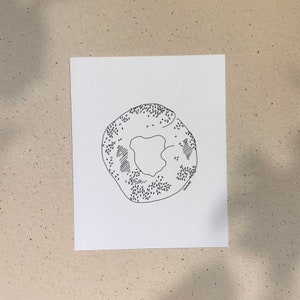 Bagel / 5x7 or 8x10in / Illustration printed on recycled cardboard / Darvee's Montreal Icons / B+W Unisex Minimalist Art Print
