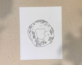 Bagel / 5x7 or 8x10in / Illustration printed on recycled cardboard / Darvee's Montreal Icons / B+W Unisex Minimalist Art Print