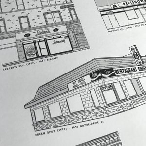 May include: Black and white illustration of a vintage diner called "Green Spot" with the text "Hot-Dogs, Patates-Frites, Coke, Appizza, Air Climatise" and the address "3041 Notre-Dame O."