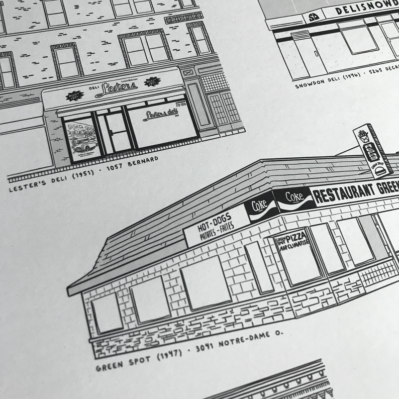 May include: Black and white illustration of a vintage diner called "Green Spot" with the text "Hot-Dogs, Patates-Frites, Coke, Appizza, Air Climatise" and the address "3041 Notre-Dame O."