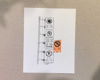 Parking Signs / 5x7 or 8x10in / Illustration printed on recycled cardboard / Darvee's Montreal Icons / B+W Unisex Minimalist Art Print