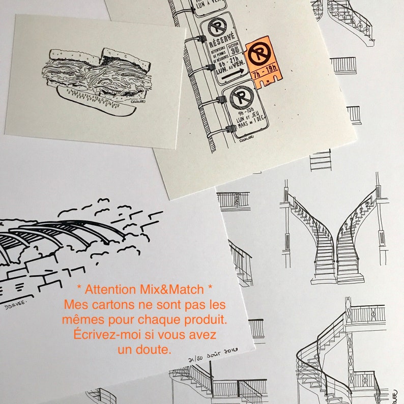May include: A black and white illustration of a staircase with a curved design. The text *Attention Mix&Match* Mes cartons ne sont pas les m&ecirc;mes pour chaque produit. &Eacute;crivez-moi si vous avez un doute. 21/50 sour 2010 is written below the illustration.