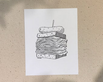 Smoked Meat Sandwich / 5x7 or 8x10in / Printed on recycled cardboard / Darvee's Montreal Icons / B+W Unisex Minimalist Art Print