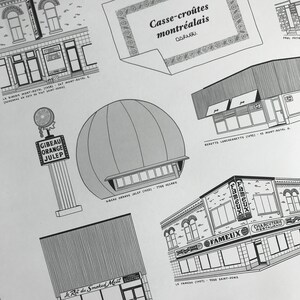 May include: A black and white illustration of a Montreal street scene featuring various restaurants and shops. The illustration includes the names of the businesses, their addresses, and the years they were established. The illustration is titled "Casse-cro&ucirc;tes montr&eacute;alais".