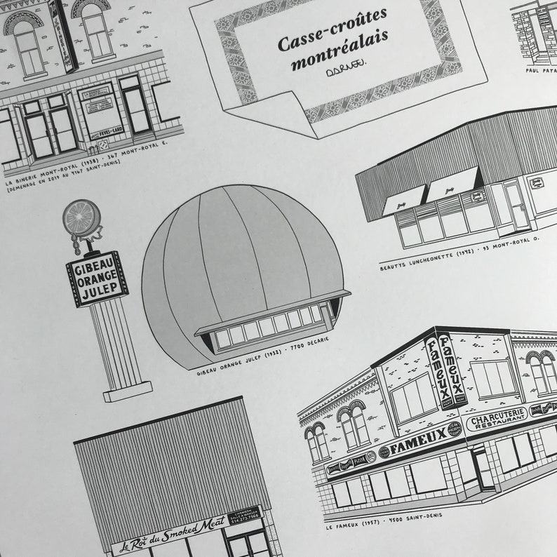 May include: A black and white illustration of a Montreal street scene featuring various restaurants and shops. The illustration includes the names of the businesses, their addresses, and the years they were established. The illustration is titled "Casse-cro&ucirc;tes montr&eacute;alais".