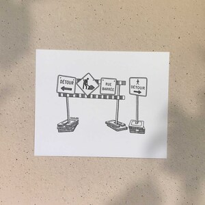 Détours Signs / 5x7 or 8x10in / Illustration printed on recycled cardboard / Darvee's Montreal Icons / B+W Unisex Minimalist Art Print