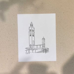 Clock Tower Beach / 5x7 or 8x10in / Illustration printed on recycled cardboard / Darvee's Montreal Icons / B+W Unisex Minimalist Art Print