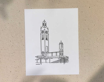 Clock Tower Beach / 5x7 or 8x10in / Illustration printed on recycled cardboard / Darvee's Montreal Icons / B+W Unisex Minimalist Art Print