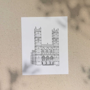 Montreal’s Notre-Dame Basilica / 5x7 or 8x10in / Illustration printed on recycled cardboard / Darvee's Montreal Icons / Minimalist Art Print
