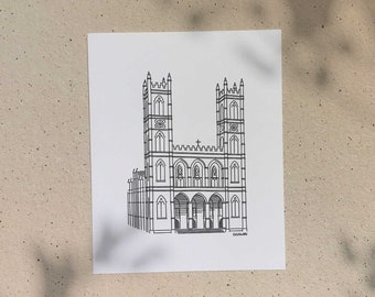 Basilique Notre-Dame / 5x7 ou 8x10po / Illustration imprimée sur carton recyclé / Icônes de MTL par Darvee / Art N+B Unisexe Minimaliste