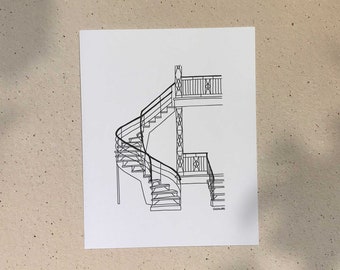 Plex Stairs / 5x7 or 8x10in / Illustration printed on recycled cardboard / Darvee's Montreal Icons / B+W Unisex Minimalist Art Print