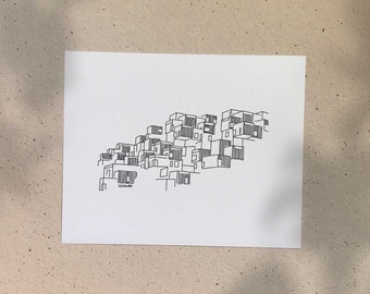 Habitat 67 / 5x7 or 8x10in / Illustration printed on recycled cardboard / Darvee's Montreal Icons / B+W Unisex Minimalist Art Print