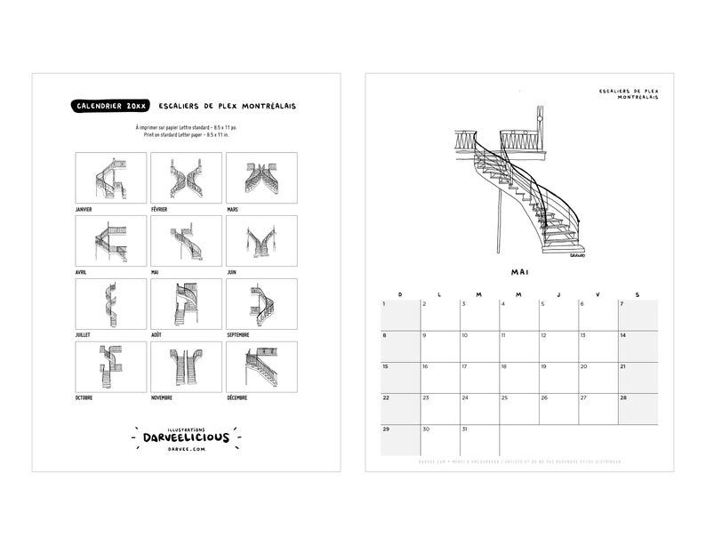 STAIRS / 2024 Calendar Digital PDF 8.5x11 Black&White Get it now, Print it, Use it image 2