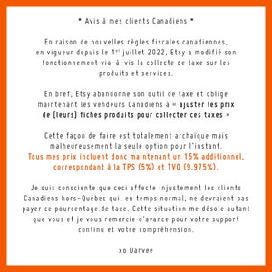 May include: Orange background with a notice to Canadian Etsy customers about changes to tax collection. The notice explains that Etsy is no longer handling tax collection and sellers are now responsible for adding a 15% tax to their prices, which includes 5% for the Goods and Services Tax (GST) and 9.975% for the Quebec Sales Tax (QST).