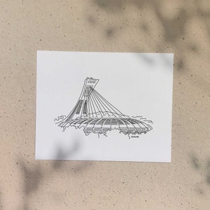 Olympic Stadium / 5x7 or 8x10in / Illustration printed on recycled cardboard / Darvee's Montreal Icons / B+W Unisex Minimalist Art Print