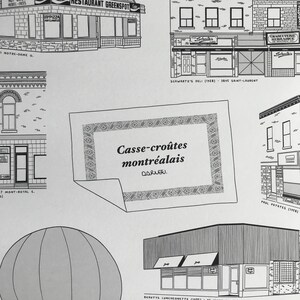 May include: A black and white illustration of a Montreal street scene with various shops and businesses. The text "Casse-cro&ucirc;tes montr&eacute;alais" is featured in a decorative frame.