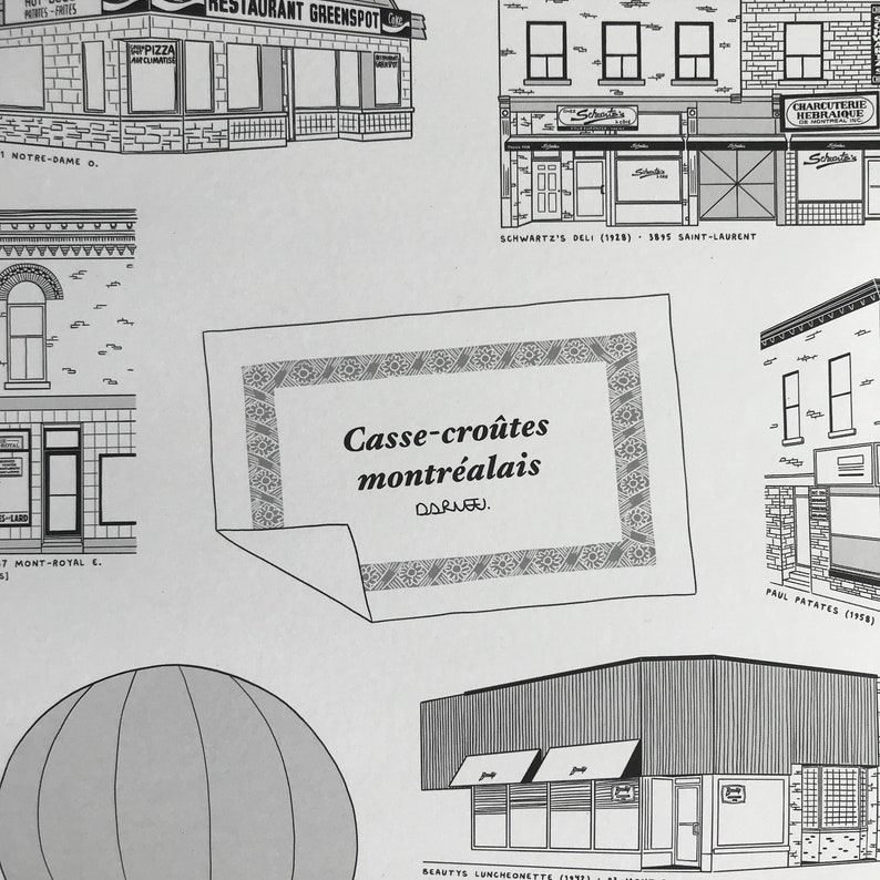 May include: A black and white illustration of a Montreal street scene with various shops and businesses. The text "Casse-cro&ucirc;tes montr&eacute;alais" is featured in a decorative frame.