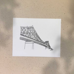Jacques Cartier Bridge / 5x7 or 8x10in / Illustration printed on recycled cardboard / Darvee's Montreal Icons / B+W Minimalist Art Print