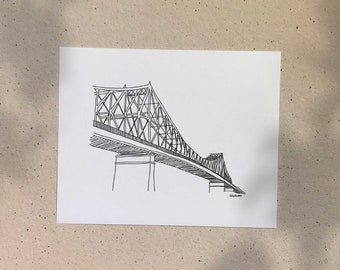 Jacques Cartier Bridge / 5x7 or 8x10in / Illustration printed on recycled cardboard / Darvee's Montreal Icons / B+W Minimalist Art Print