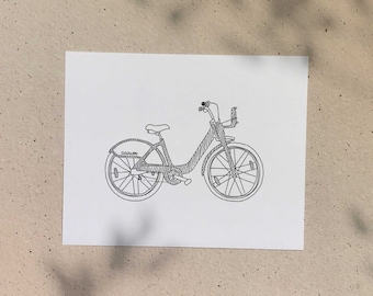 BIXI Bike / 5x7 or 8x10in / Illustration printed on recycled cardboard / Darvee's Montreal Icons / B+W Unisex Minimalist Art Print