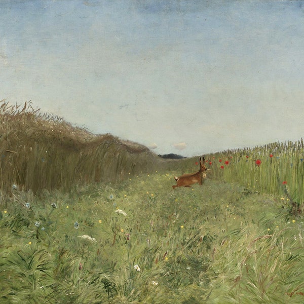 HARE | Meadow Landscape, Wildflower Field Painting, Vintage Field Painting, Country Landscape, Nursery Art, Vintage Art for Nursery Bunny