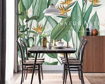 Papier peint fleurs tropicales Strelitzia vintage botanique décoration murale